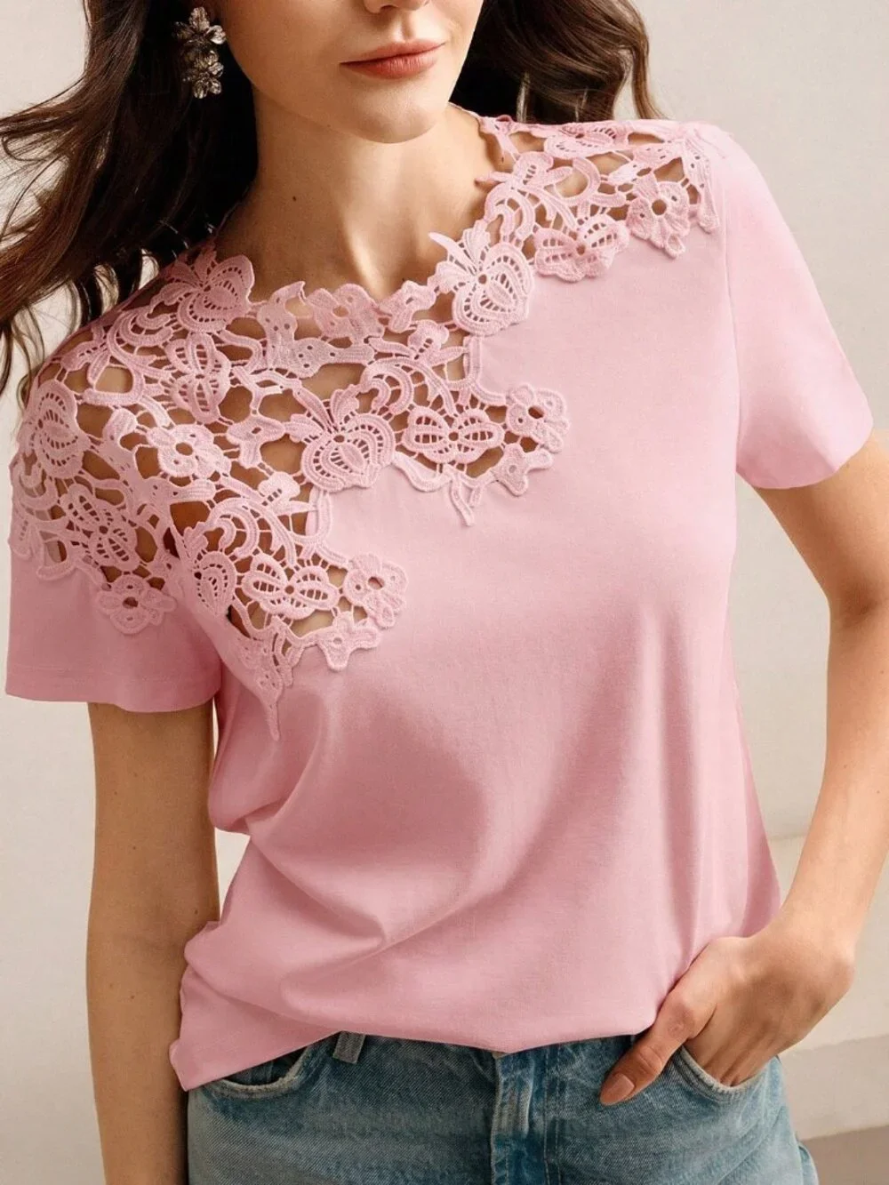 Pink Casual Women's Lace Embroidered Patchwork Hollow-Out Short Sleeve T-Shirt - Picture 1 of 8